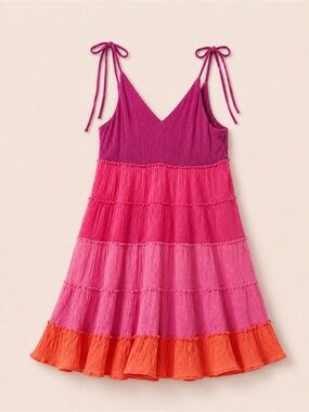 Tiered Bright Pink & Orange Colorblock Tie-Shoulder Dress Women’s S